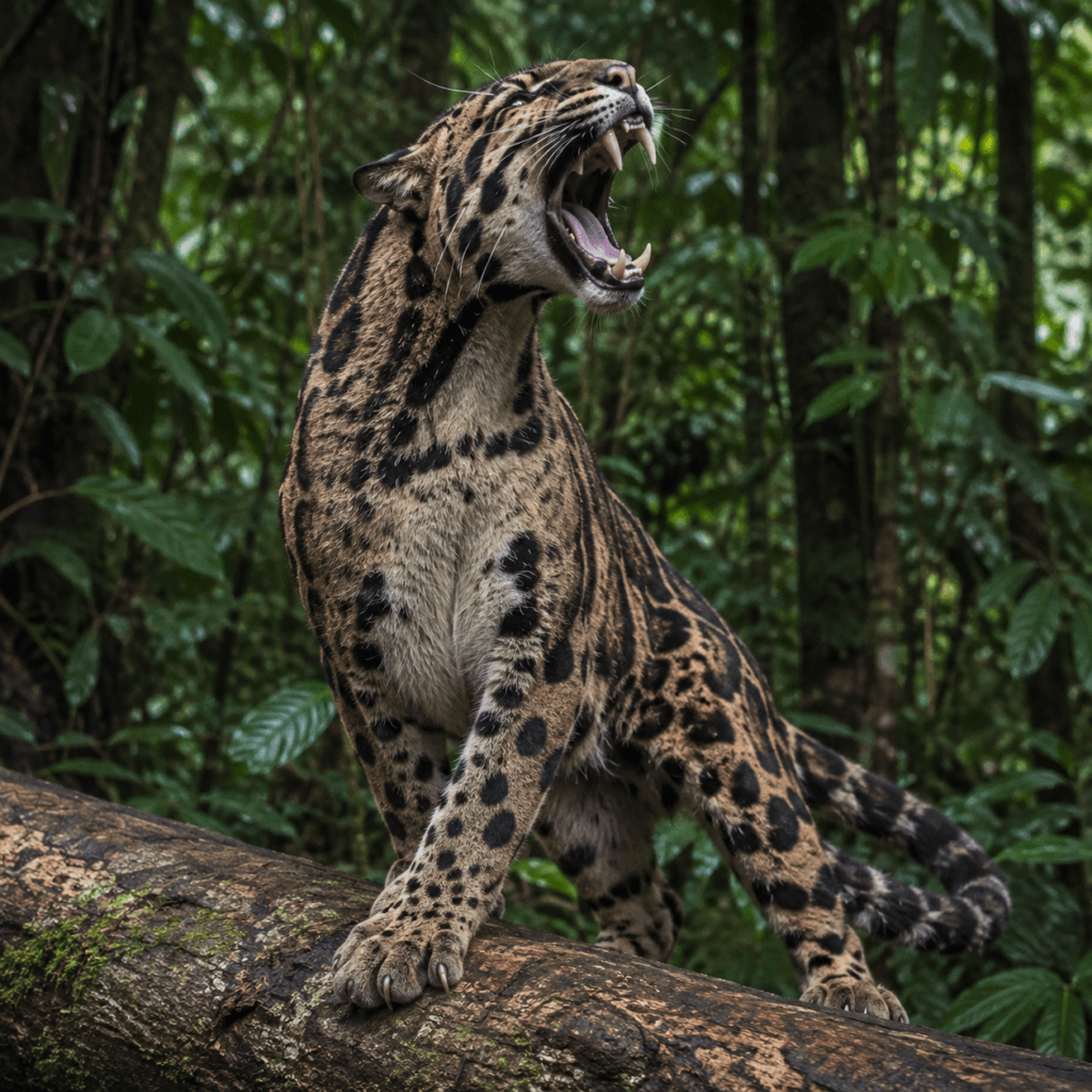 Roaring Malayan Clouded Leopard on Mossy Log